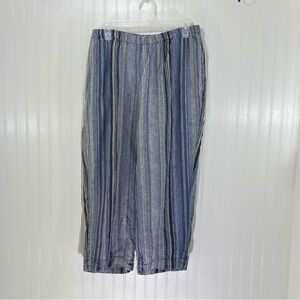 FLAX Linen Striped Cropped Pants Blue Baggy Wide Leg Women’s Size L Lagenlook